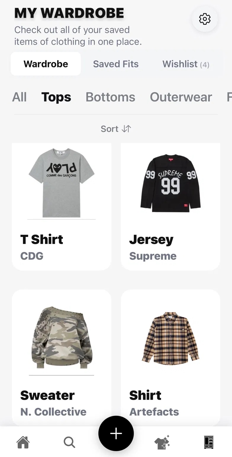 My Styles Digital Wardrobe screen showing catalogued tops including a CDG t-shirt and Supreme jersey