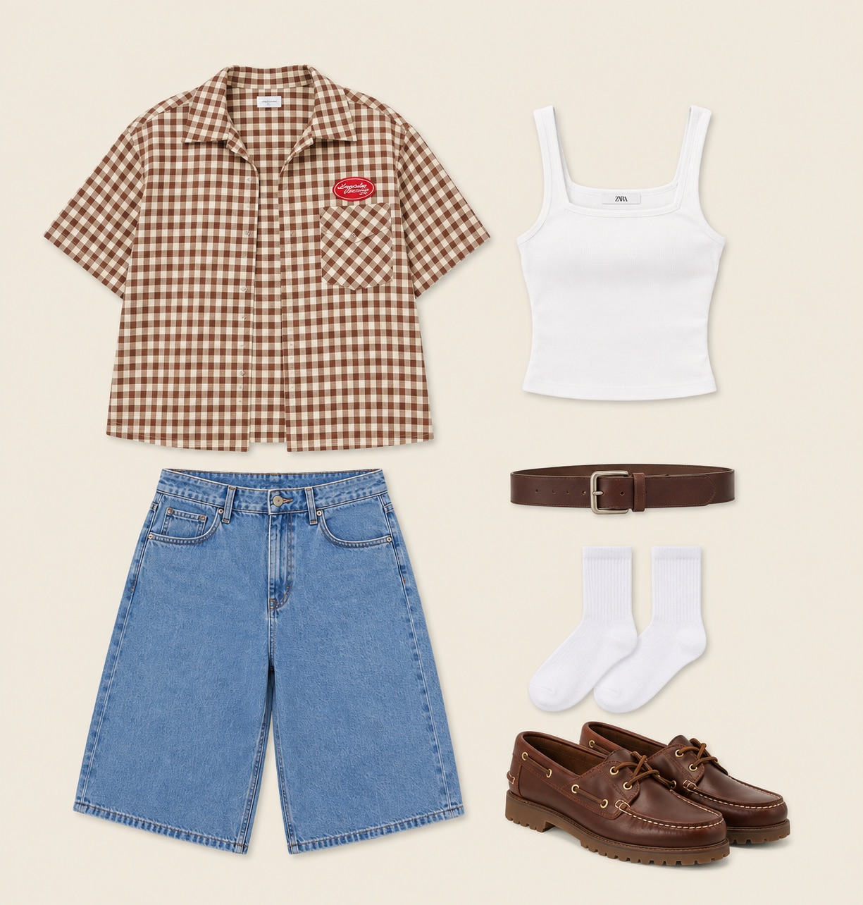 Individual wardrobe pieces including a checked shirt, denim shorts, top, belt, and boat shoes